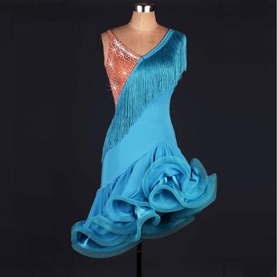 Dance Salsa Latin Dance Dress Fringed Tassel Crystals / Rhinestones Women's Training Performance Sleeveless High Spandex Tulle