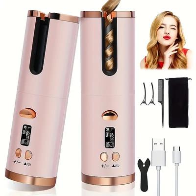 Cordless Automatic Curling Iron - USB Rechargeable Anti-Tangle Ceramic Cylinder Quick Heating 5-Level Temperature Control - Perfect For Long Hair Includes Gift Box