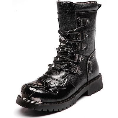 Men's Rugged Black Leather Motorcycle Boots - Heavy-Duty Design with Multiple Buckles and Reinforced Sole for Biker and Outdoor Wear