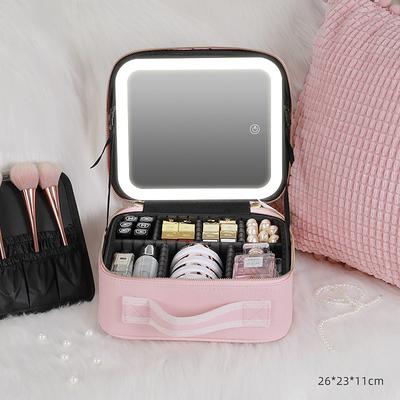 LED Lighted Travel Makeup Bag, Cosmetic Bag Portable Portable Makeup Storage Bag, Adjustable Dividers, Mirror, and Magnifying Lens