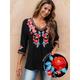 Women's Designer Shirt Floral Tribal Work Casual Holiday Embroidered Black 3/4 Length Sleeve Vintage Bohemian Style Casual V Neck Summer Spring Fall