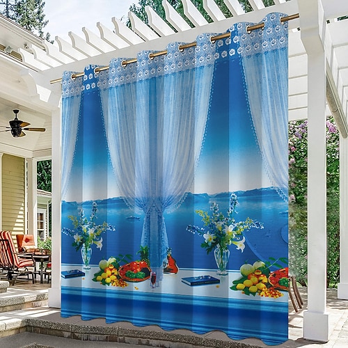 Wasserdichter Outdoor Vorhang Außenvorhang für Privatsphäre, Außenjalousien, verschiebbare Terrassenvorhangvorhänge, Pergolavorhänge mit Ösen, Meeresstrand für Pavillon, Balkon, Veranda, Party Image