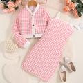 2 Pieces Kids Girls' Houndstooth Off Shoulder Dress Coat Set Sleeveless Fashion School 7-13 Years Summer Pink