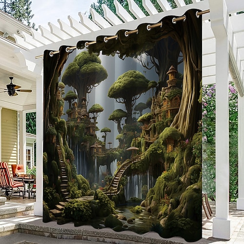 Wasserdichter Outdoor Vorhang Außenvorhang für Privatsphäre, Außenjalousien, verschiebbare Terrassenvorhangvorhänge, Pergolavorhänge mit Ösen, Pilzwald für Pavillon, Balkon, Veranda, Party Image