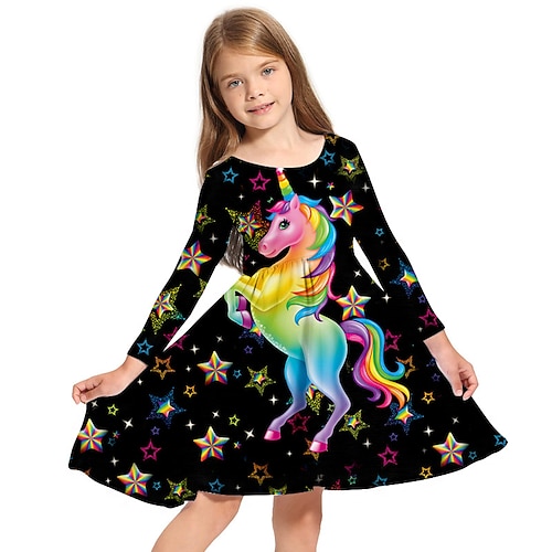 Mädchen' 3D Tier Einhorn Kleid Langarm 3D-Druck Frühling Herbst Urlaub Täglich Festtage Kuschelig Brautkleider schlicht Süß kinderkleidung 3-10 Jahre Schaukelkleid A Linie Kleid Übers Knie Regular Fit Image