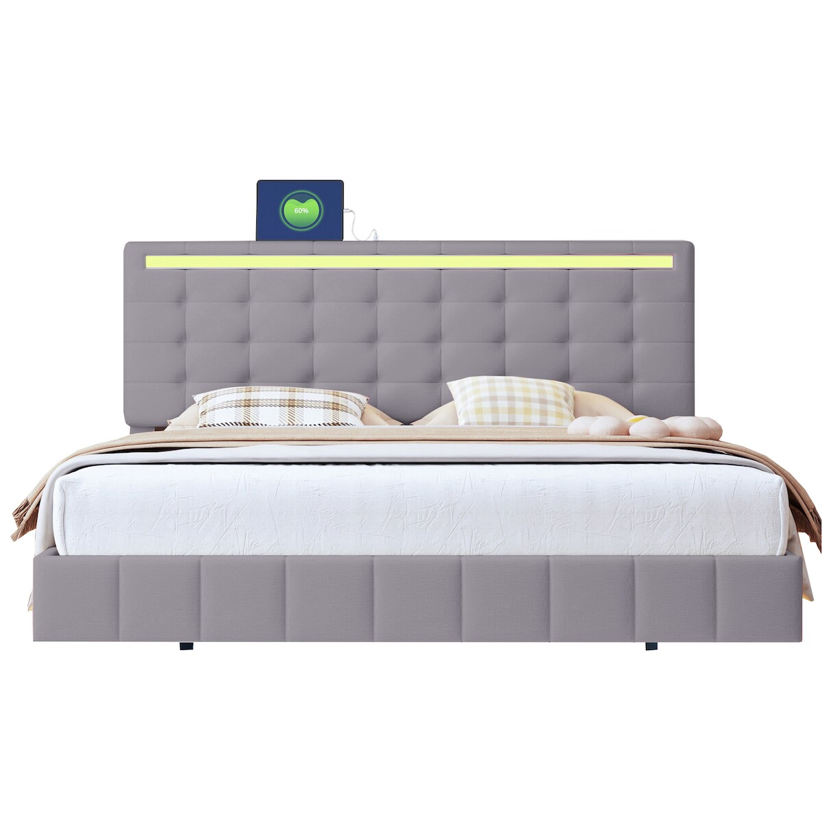 Merax Polsterbett 160 x 200 cm, gepolsterter Schwebebettrahmen mit LED-Leuchten, Doppelbett, Gästebett, Leinen, Grau Image