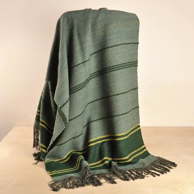 'Hand-Woven Striped Wool Throw in Green & Yellow f...