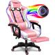 Gaming Chair with LED Lights and Speakers, Music Video Chair for Adults with Massage and Footrest, Ergonomic Chair with Headrest and Lumbar Support,Pink