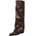 zhsrin Knee High Boots for Women Fold over Knee High Boots Chunky Zipper Pointed Toe High Heels Tall Boots for Women, Brown, 5.5