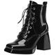 Women Square Toe Lace up Ankle Boots Chunky Heel Patent Leather Platform Block Heel Booties (Black,UK Size 11)