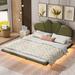 Queen Upholstery LED Floating Bed w/PU Leather Headboard, Wood Platform Bedframe w/Support Legs, Modern Bedroom Furniture, Green