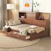 Twin Size Versatile Daybed with 3 Drawers & Upper Soft Board, Wood Sofa Bed Frame w/Shelf & a Set of Sockets & USB Ports, Brown