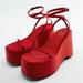 Zara Shoes | Chunky Red Satin Strap Wedge Sandals Platform Size 36 (1315/010/020) Sexy | Color: Red | Size: 6