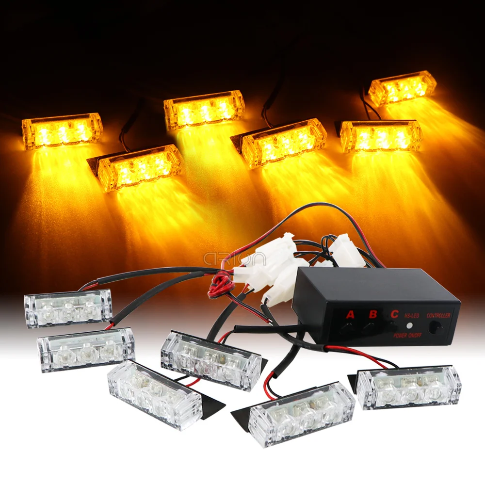 12V Griglia per auto Luce stroboscopica Testa 4x3 LED Mini lampada flash Corsa diurna Polizia Avvertimento di emergenza Luci di segnalazione lampeggianti 6x3 LED