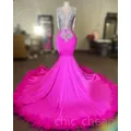 Fuchsia African American Prom Dresses Mermaid Sheer Beaded Crystals Black Girls Nigeria Robe De
