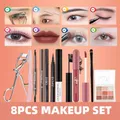 8pcs Makeup Set Cosmetic Kit 9-Color Eye Shadow Palette Waterproof Eyeliner Eyebrow Pencil Black