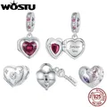 WOSTU 925 Sterling Silver Valentine Gift Openable Red Heart Charms Love Pendant Key Bead Fit