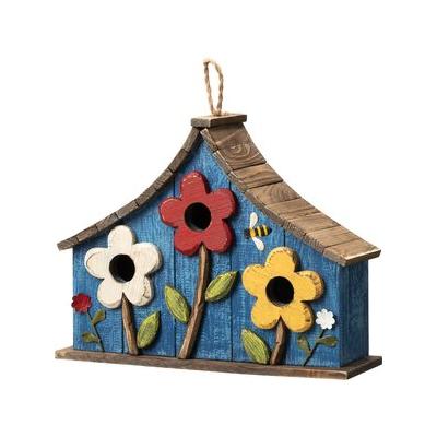 Glitzhome Oversized Washed Distressed Solid Wood Three-Story Villa Decorative Outdoor Garden with 3D Flowers Birdhouse, Blue