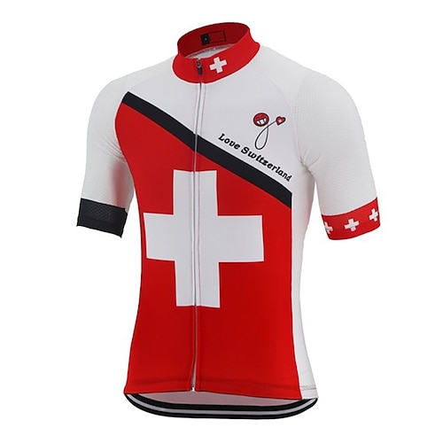 Herren Radtrikot Gemustert Schweiz Dänemark Kurzarm Fahhrad Trikot Oberteil mit 3 Gesäßtaschen Mountainbike MTB Straßenradsport UV-beständig Schnelltrocknend Reflektierende Streifen Rückentasche Sport Image