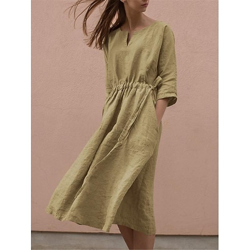 Damen Midikleid Shiftkleid Hemdblusenkleid Weißes Kleid Baumwoll-Leinen-Kleider Basic Modern Täglich Wochenende Lässiger Schnitt Einfach Dreiviertelarm V-Ausschnitt Weiß Wein Grün Dunkelgray Sommer Image