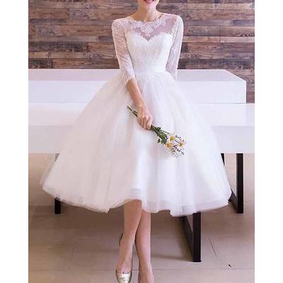 Reception Vintage 1940s / 1950s Little White Dress Bridal Shower Dresses Wedding Dresses A-Line Illusion Neck 3/4 Length Sleeve Tea Length Lace Bridal Gowns With Sashes / Ribbons Appliques 2025