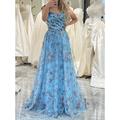 Ball Gown A-Line Prom Dresses Blue Princess Dress Birthday Sweep / Brush Train Sleeveless Tulle with Floral Print Strappy 2024