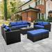 Rattaner Patio Furniture Set 7 Pieces Outdoor Furniture Sets Patio Couch Outdoor Chairs Coffee Table Peacock Blue Anti-Slip Cushions and Waterproof Covers