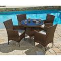 5 Piece Outdoor Dining Set All-Weather Wicker Patio Dining Table and Chairs with Cushions Round Tempered Glass Tabletop with Umbrella Cutout for Patio Backyard Porch Garden Poolside