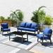 HOOOWOOO Outdoor 6 Piece Modern Conversation Set with 3 Seat Sofa 2 PCS All-Weather Wicker Chair Tempered Glass Top Table and Ottoman Footstool Dark Grey Cushions