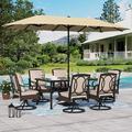 & William Patio Table and Chairs with 13ft Double-Sided Umbrella 8 Piece Outdoor Dining Furniture Set with 6 Padded Swivel Rocker Dining Chairs 1 Rectangular Metal Patio Table and 1