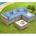 COSIEST 5-Piece Outdoor Furniture All-Weather Mottlewood Brown Wicker Sectional Sofa w Warm Gray Thick Cushions Glass-Top Coffee Table 2 Teal Pattern Pillows for Garden Patio