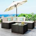 EMKK 3 Piece Outdoor Patio Furniture Set PE Rattan Wicker Sofa Sectional Chair with Removable Cushion and Two Glass Table L-Shaped Corner for Poolside Backyard Beige A