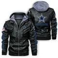 Autumn Winter Men s PU Leather Hooded Jacket With High-quality Printed Outdoor Rugby Competition Jersey Fans Coat - Dallas - Cowboys