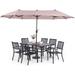 & William Patio Dining Set with 13ft Double-Sided Patio Umbrella 8 Piece Metal Outdoor Table Furniture Set with 6 Outdoor Stackable Chairs 1 Rectangle Dining Table and 1 Large Navy