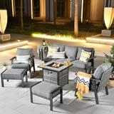 HOOOWOOO Outdoor 6 Piece Modern Conversation Set with 3 Seat Sofa 2 PCS All-Weather Wicker Chair Tempered Glass Top Table and Ottoman Footstool Dark Grey Cushions