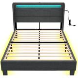 Bed Frame Twin Size with Headboard Upholstered Platform Bed Frame Twin with LED Lights and USB Ports Motion Activated Night Light & Solid Wood Slats No Box Spring Needed Dark Grey