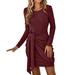 SIMU Summer Dresses for Women 2024 Ladies Fashion Round Neck Long Sleeve Waist Tie Up Solid Color Mini Slim Fit Ladies Dress Red L