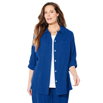 Plus Size Women's AnyWear Pucker Cotton Buttonfront Roll Tab Shirt by Catherines in Dark Sapphire (Size 6X)