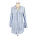 Cloth & Stone Casual Dress - Shirtdress V-Neck Long sleeves: Blue Stripes Dresses - Women's Size Large