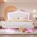 Upholstered Platform Bed with LED Lights, Modern Upholstered Princess Bed With Crown Headboard, Wooden Slat Support