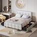 Linen Fabric Upholstered Platform Bed with LED Light Headboard and 4 Drawers, Queen Bed Frame with Storage