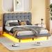 Full Velvet Platform Bed with LED Frame, Button-Tufted Design Headboard, Strong Wooden Support, for Kids, Teens, Adults, Gray