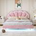 Queen Size Upholstered Smart LED Bed Frame with Elegant Flowers Headboard, Floating Velvet Platform LED Bed, Pink