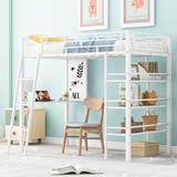 Twin Size Loft Bed, Metal Twin Loft Bed Frame with 3 Layers of Shelves and Desk, Stylish Metal Bed with Whiteboard