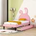 Twin Upholstered Platform Bed w/2 Drawers & Rabbit Ornament, Luxury Leather Princess Bed Frame, for Kids Teens Boys & Girls