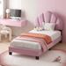 Twin Size Velve Upholstered Bed Low Profile-Platform Bed with Shell Shaped Headboard, Kids Fairytale Bedroom Design - Pink