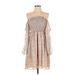 Dress Forum Casual Dress - A-Line Open Neckline 3/4 sleeves: Tan Floral Dresses - Women's Size Small