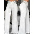 Elegant High Waist Flared Pants for Women Overlap Waisted Textured Criss Cross Sheer Mesh Design