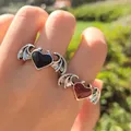 Gothic Bat Devil Heart Wing Rings for Women Men Vintage Red Black Heart Ring HipHop Punk Party Ring