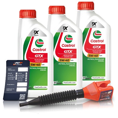 Castrol 3x 1 L GTX 5W-40 A3/B4 + Ölwechsel-Anhänger + Einfülltrichter [Hersteller-Nr. 15F686] Image